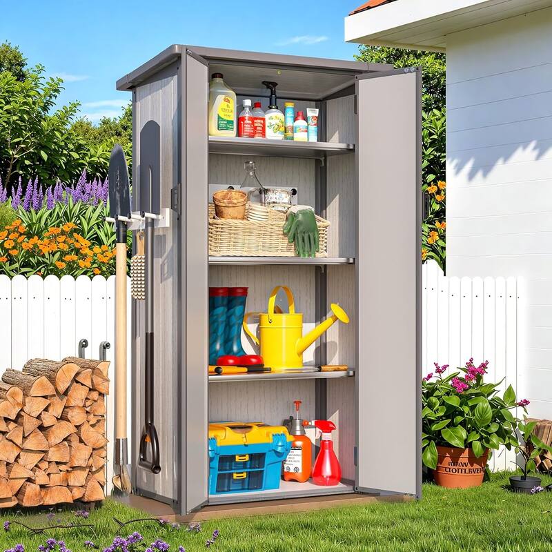 AECOJOY Tall Resin Outdoor Storage Cabinet Waterproof with Adjustable Shelves, Vertical Plastic Storage Shed with Floor - Grey