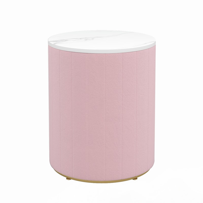 Upholstered Nightstand with 3 Drawers, Round Bedside Table, Pink