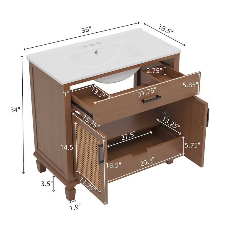 36"Bathroom Vanity with Sink, 2 Soft Close Doors and 3 Drawers, Free-standing Vanity with Wood Legs and Large Storage