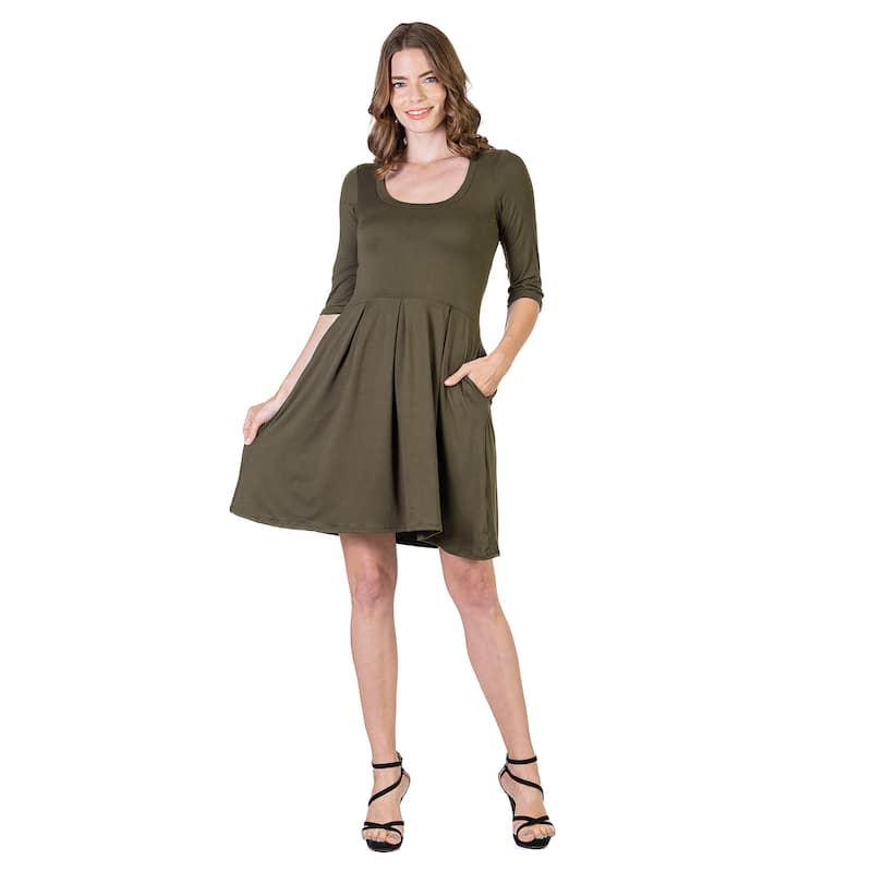 24seven Comfort Apparel Three Quarter Sleeve Fit and Flare Mini Dress - Green - S