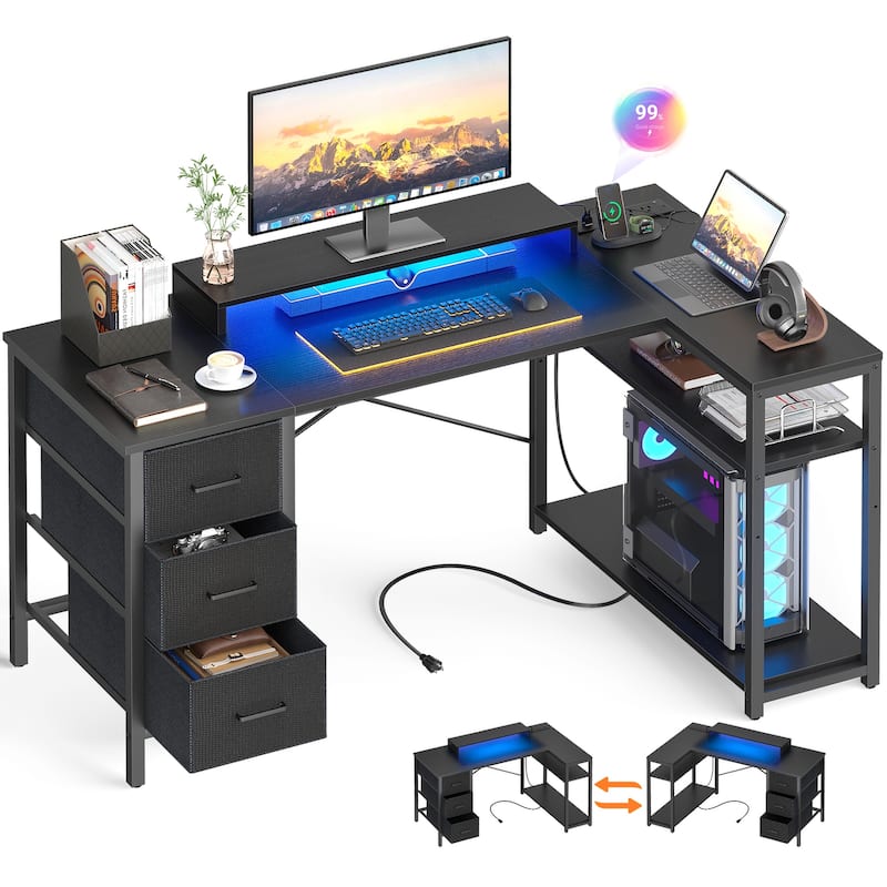 Reversible 53'' L Shaped Computer Desk with Power Outlets & LED Lights,Gaming Desk with 3 Drawers & Monitor Stand
