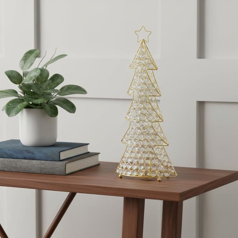 HomeRoots 16" Glam Gold And Faux Crystals Christmas Tree Tabletop Sculpture - 4' X '16' X '8