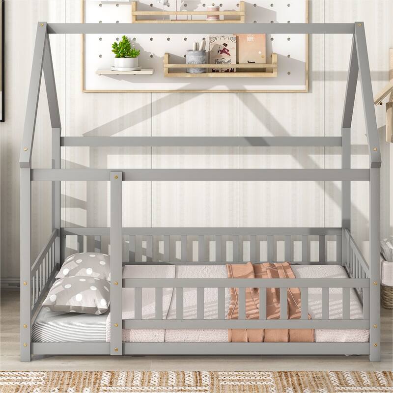 Full Size Floor Wooden Bed with House Roof Frame, Fence Guardrails