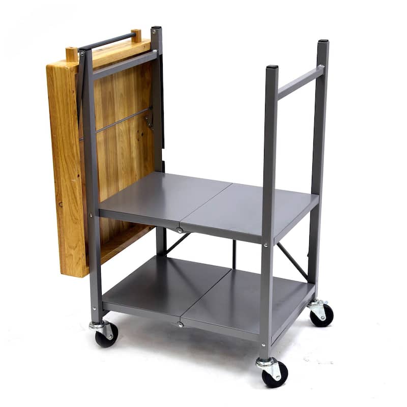 Origami Foldable Wheeled Portable Solid Wood Top Kitchen Island Bar Cart, Black