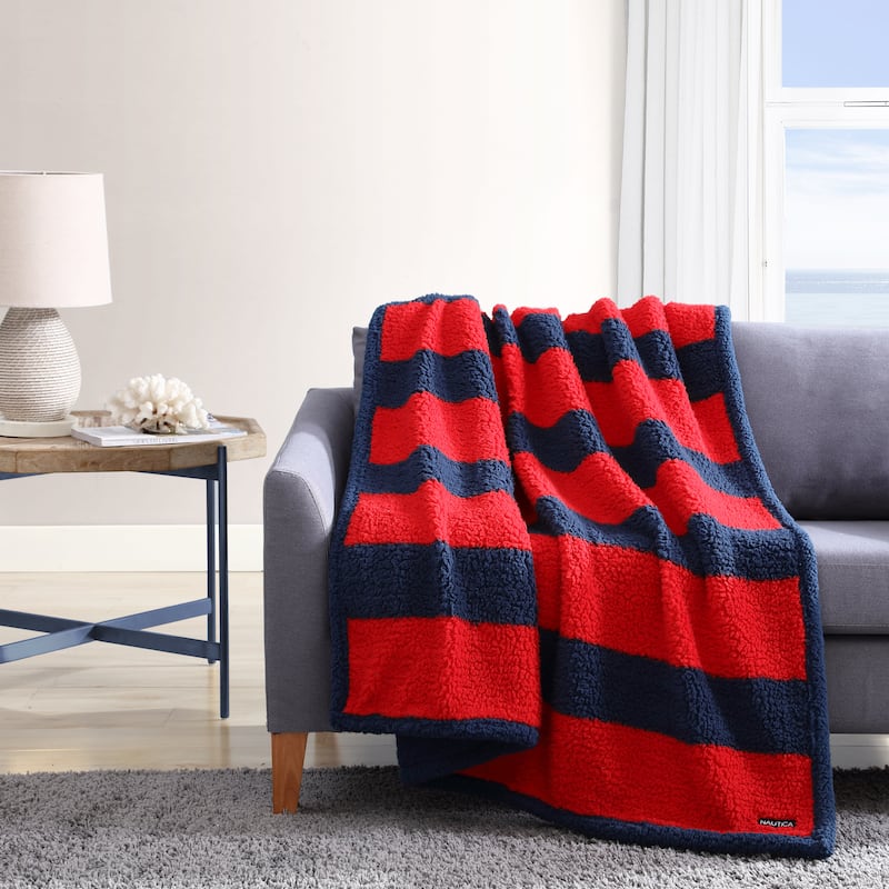 Nautica Lawndale Ultra Soft Plush Sherpa Striped Throw Blanket