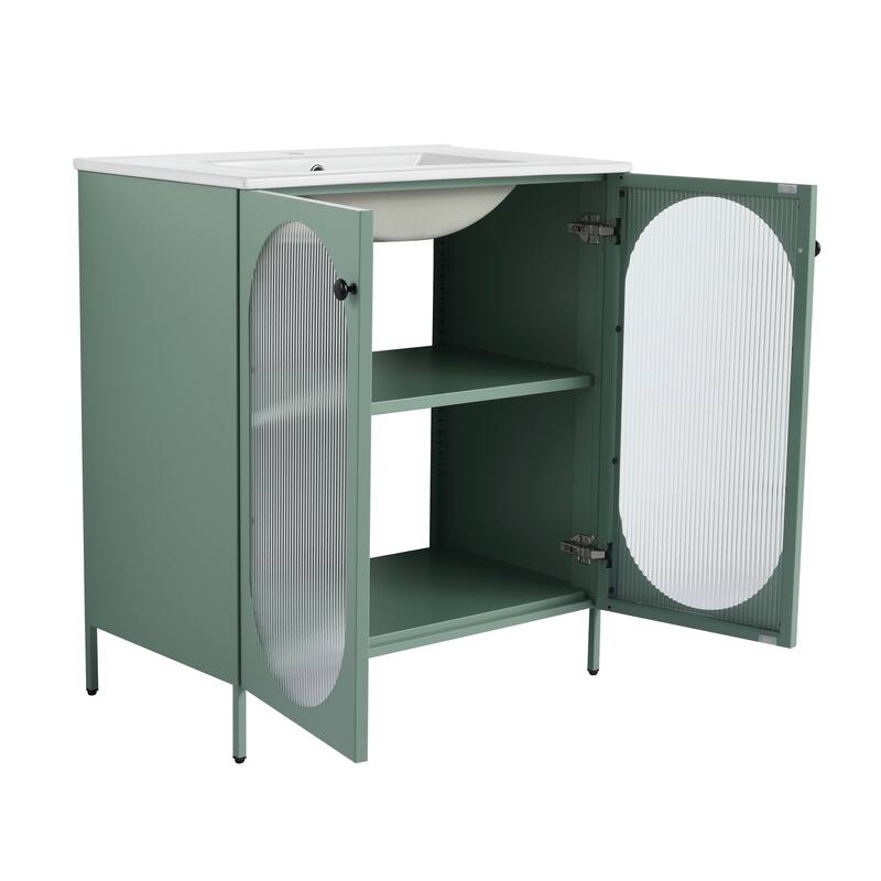 Modern Freestanding Bathroom Vanity with Adjustable Shelves, Ceramic Sink, Acrylic Door, and Metal Handles - 30in L Steel