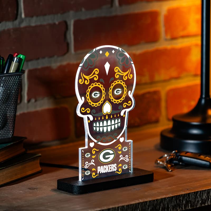 10" LED Tabletop Sugar Skull Halloween Desklite Sign, Green Bay Packers - Multicolor. - 10" x 7"