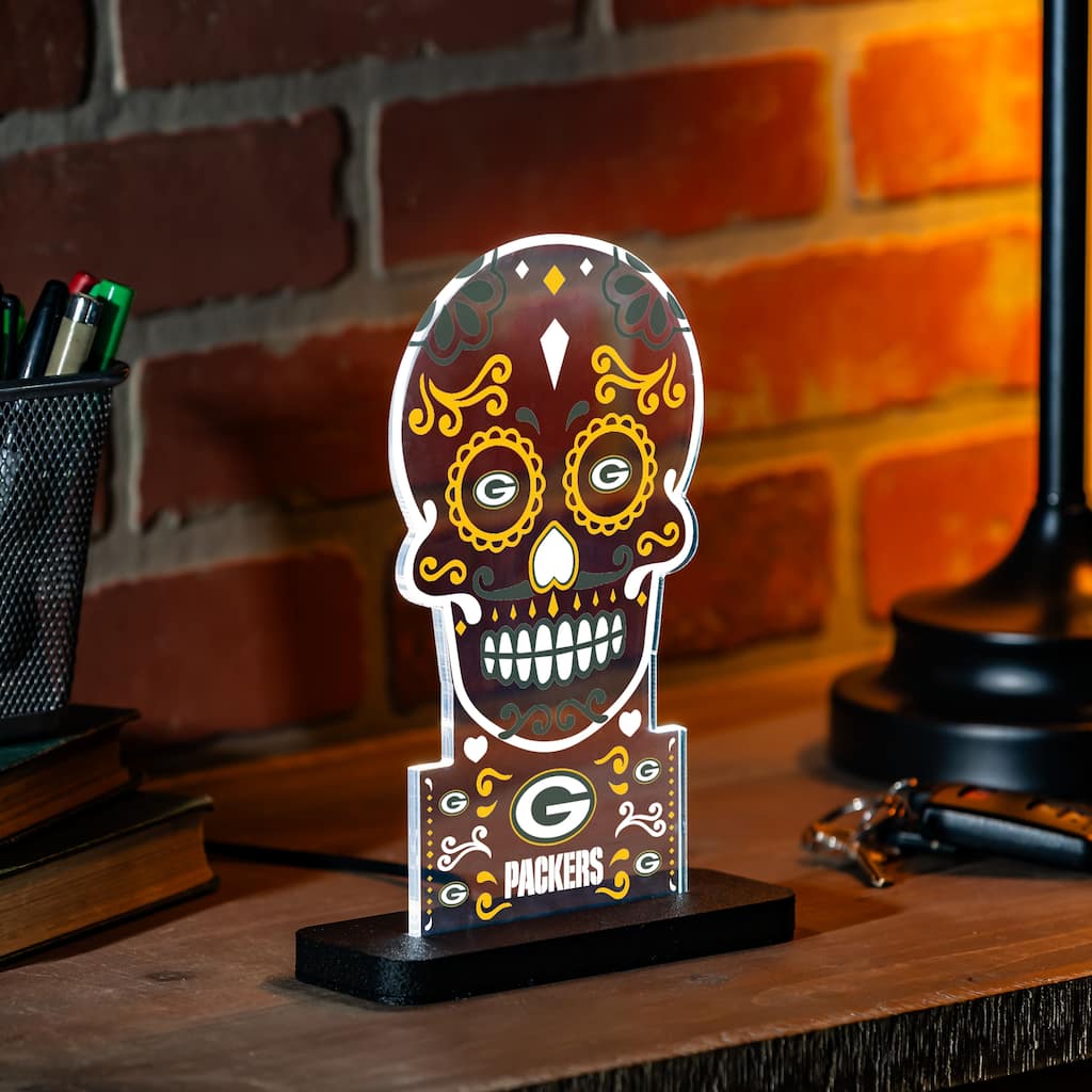 10" LED Tabletop Sugar Skull Halloween Desklite Sign, Green Bay Packers - Multicolor. - 10" x 7"