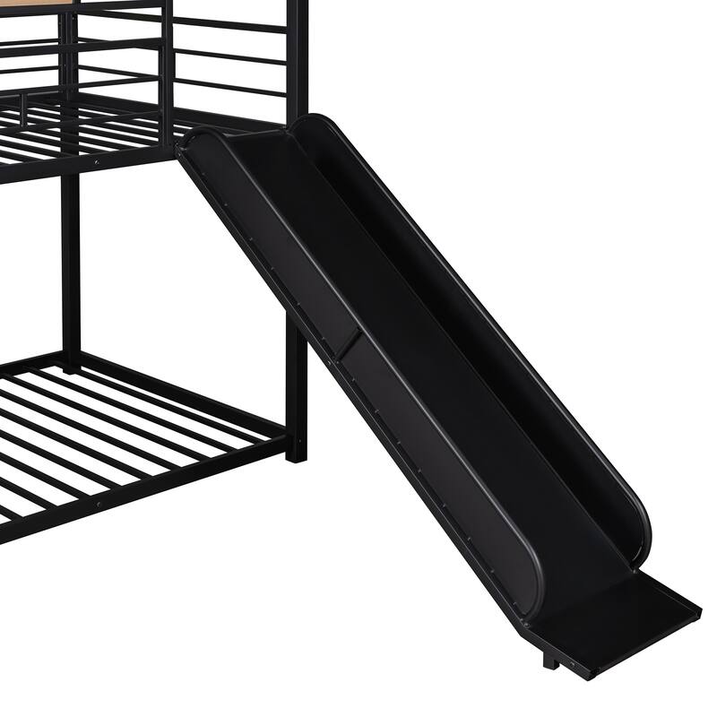 Modern Twin Over Twin Metal Floor Bunk Bed with Ladder and Slide, House Shaped Metal Bedframe with Roof for Kids, Space-Saving