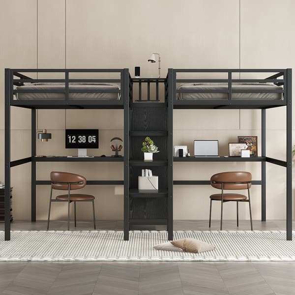 slide 2 of 13, Black Twin Over Twin Loft Bed with Double Desk Wardrobe Shelves Power Outlet Black - Twin