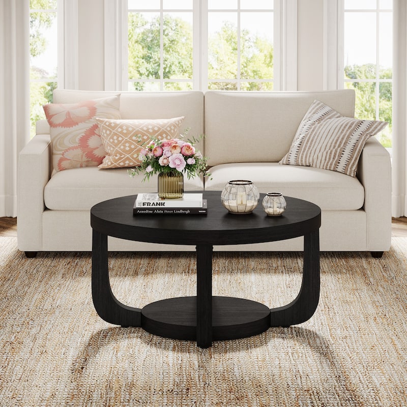 2-Tier Round Coffee Table, Wooden Accent Center Table for Living Room, Brown - Large