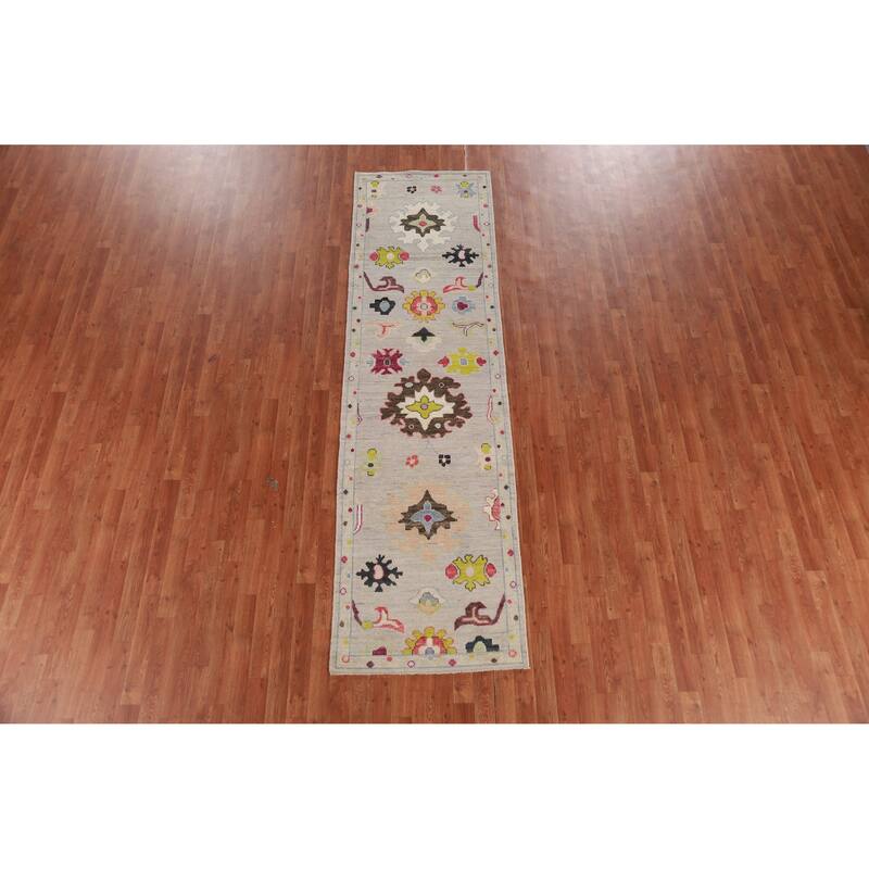 Hand Knotted Oriental 100% Wool Carpet Transitional All-Over Beige & Ivories Oushak Runner Rug - 9' 11'' X 2' 9''