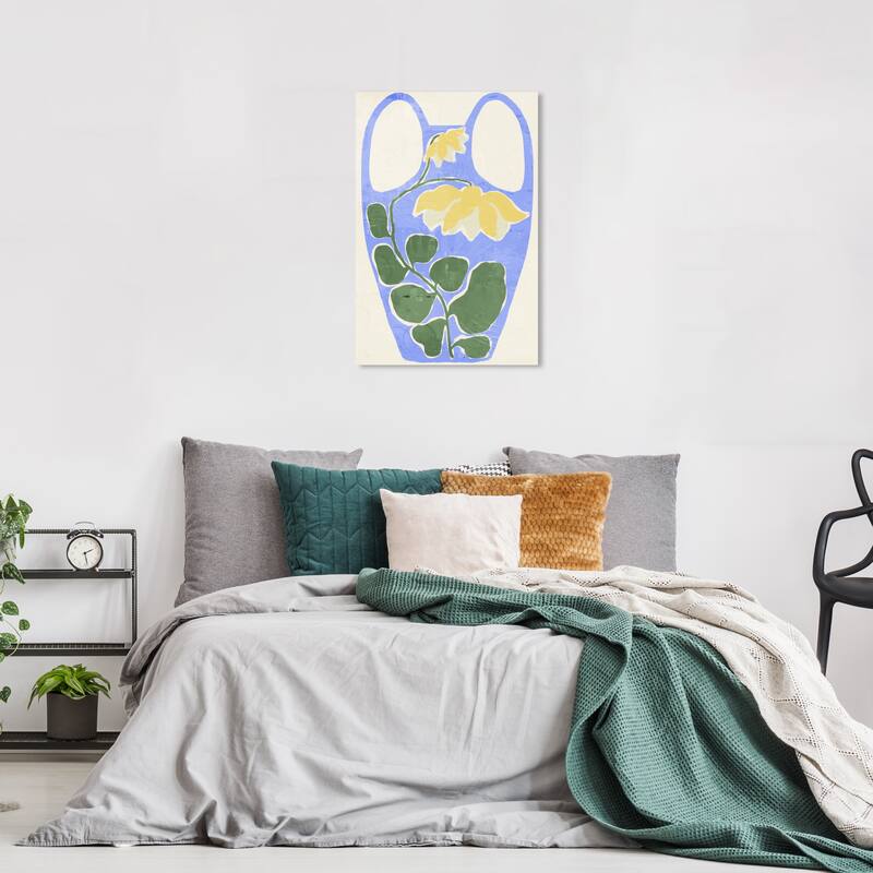 Wynwood Studio Canvas Abstract Blue Floral Vase Blue and Bohemian & Eclectic Wall Art Canvas Print - 24 x 16