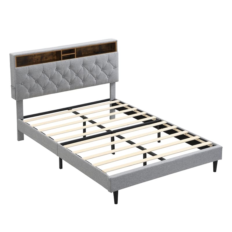 Upholstered Platform Bed Frame with Linen Fabric Headboard