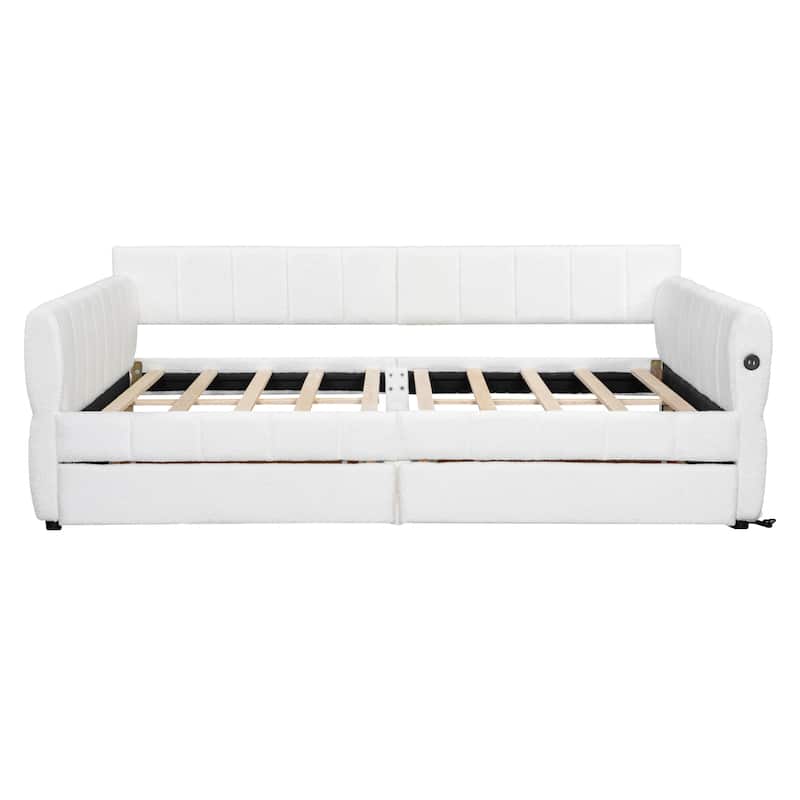 Modern Fabric Upholstered Daybed Queen Size Sofa Bed Frame with Backrest and Armrests, USB Charging Ports, No Box Spring Needed