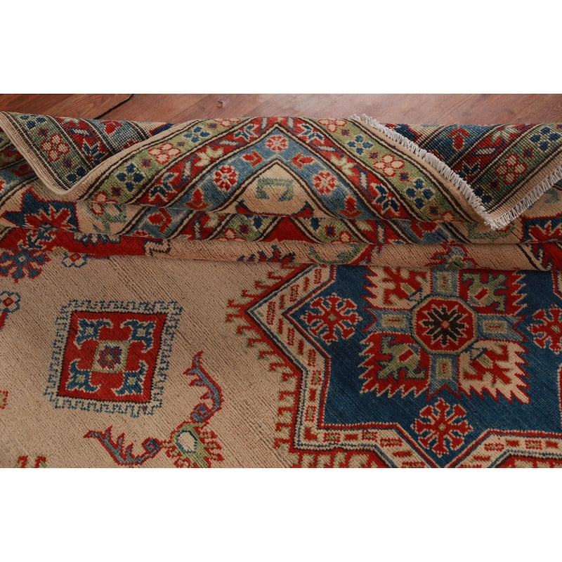 Hand Knotted Oriental 100% Wool Carpet Traditional Geometric Beige & Ivories Kazak Area Rug - 12' 3'' X 9' 0''