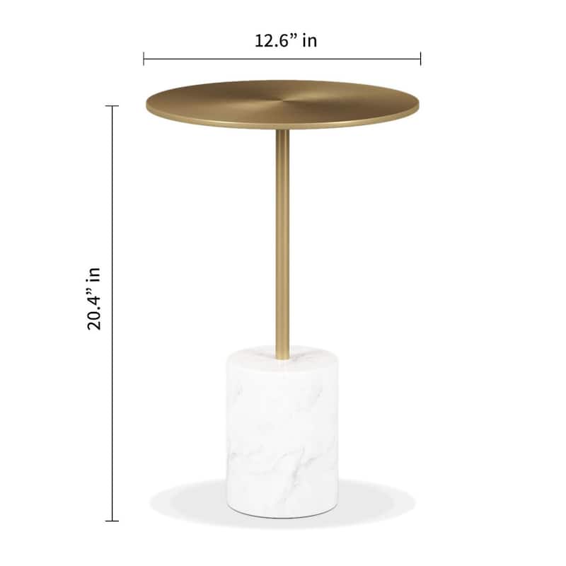 Steel Round End Table with Marble Base 20 Inch Accent Table - 12.6” x 12.6” x 20.4” (D x W x H)