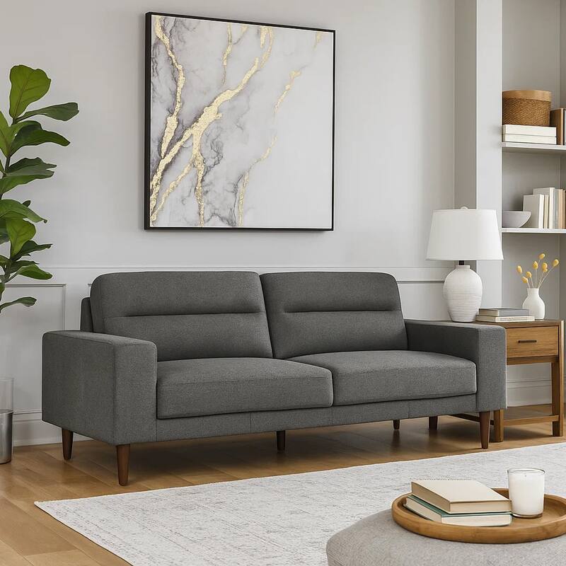 Vile Sofa, 79 Inch Gray Polyester, Classic Tapered Solid Wood Legs