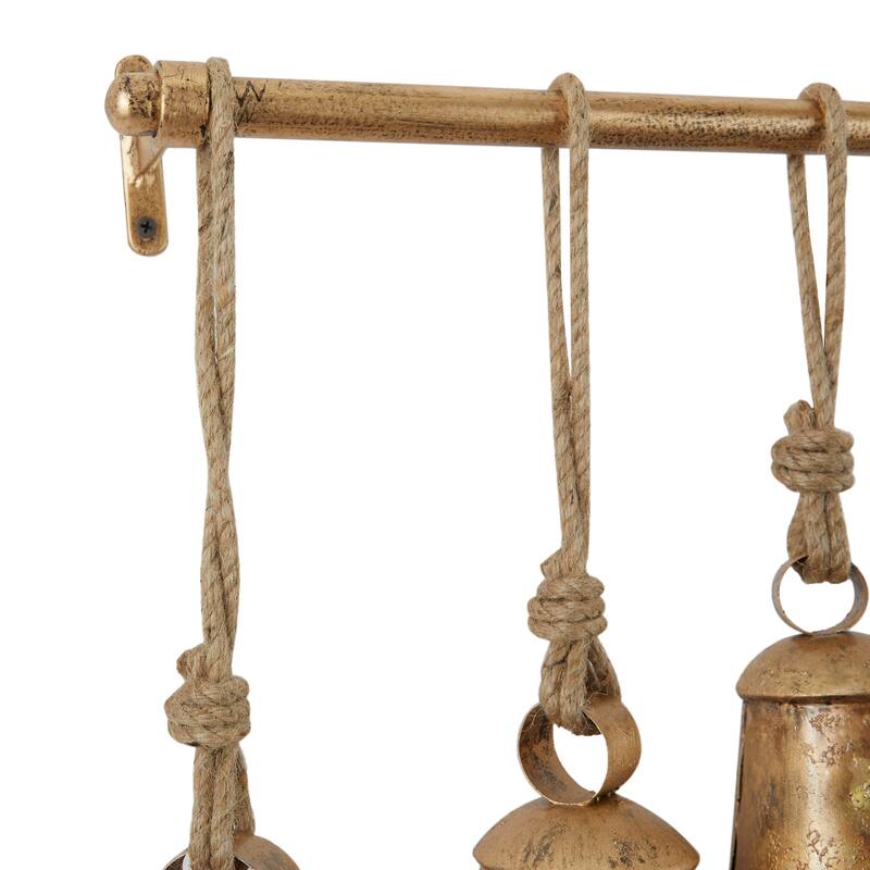 Gray or Bronze Metal Tibetan Inspired Decorative Cow Bell with Jute Hanging Rope and Rod