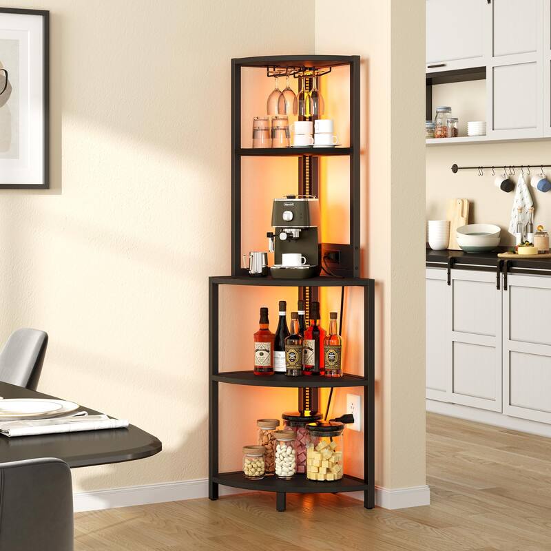 Wood 5 Tier Corner Bar Rack Shelf with Power Outlets LED Lights Glass Holder Black