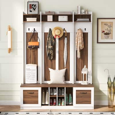Hall Tree with Bench and Shoe Storage, 3-in-1 Entryway Hall Tree with Hooks, 2 Drawers and Adjustable Shelves for Hallway