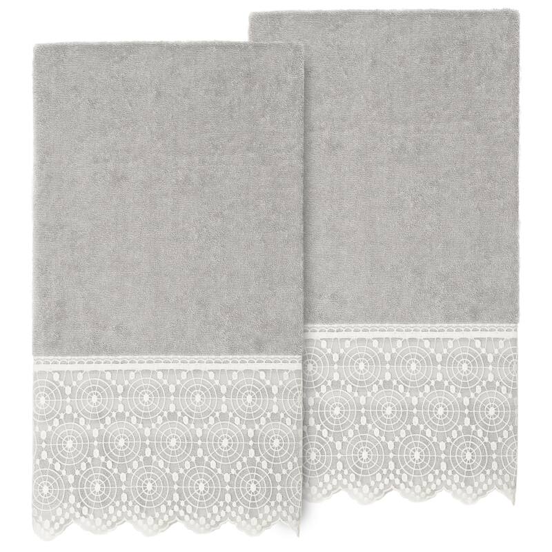 Authentic Hotel and Spa Turkish Cotton Arian 2PC Cream Lace Embellished Bath Towel Set - Light Gray