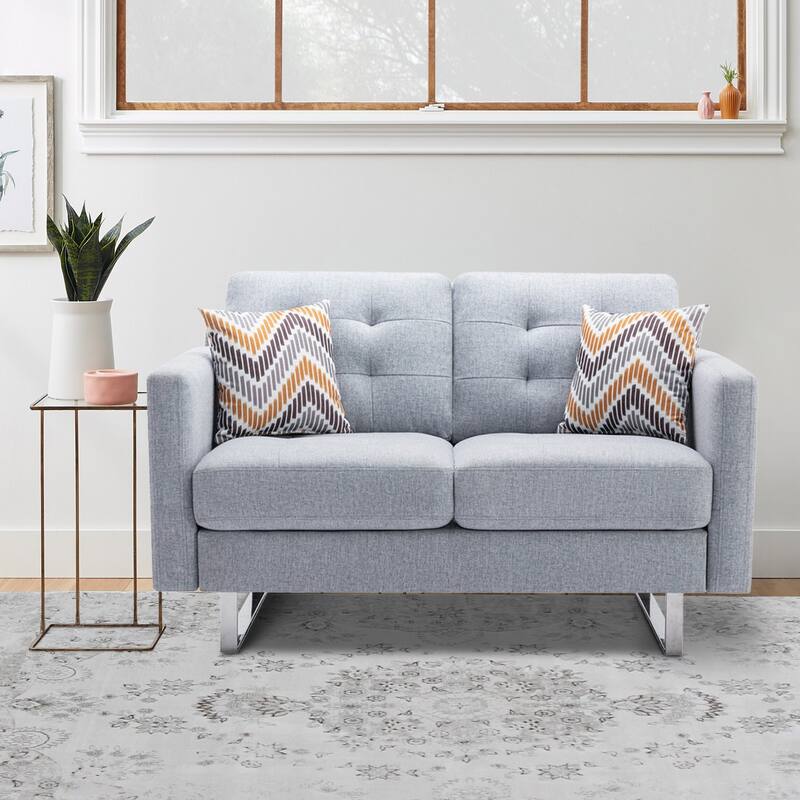 Caden 54 Inch Modern Loveseat with Side Pocket and 2 Pillows, Light Gray