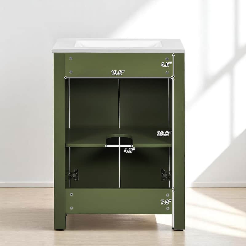 24" Vintage Bathroom Vanity with Ceramic Sink, 2 Soft-Close Doors, Adjustable Shelf, Solid Wood Frame
