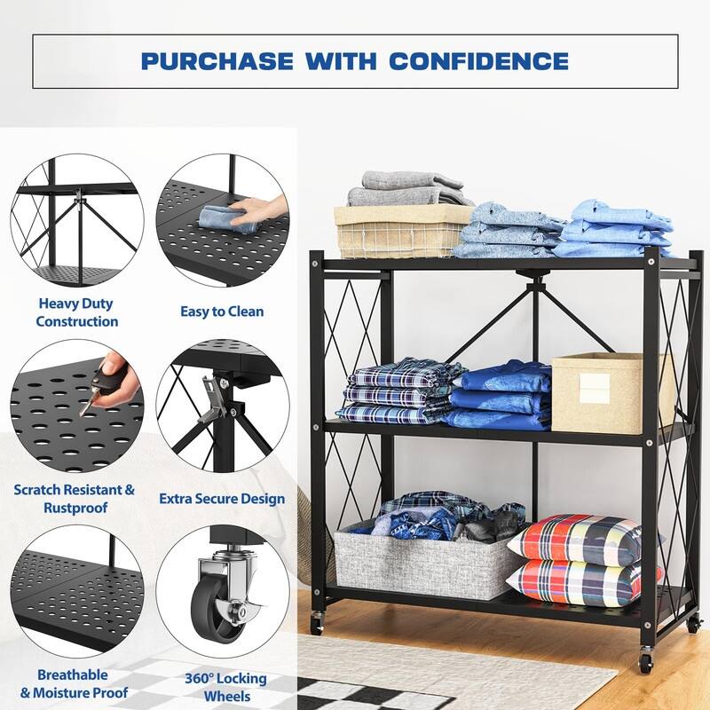 3-Tier Foldable Storage Shelf with Wheels - 13.25"D x 28"W x 33"H