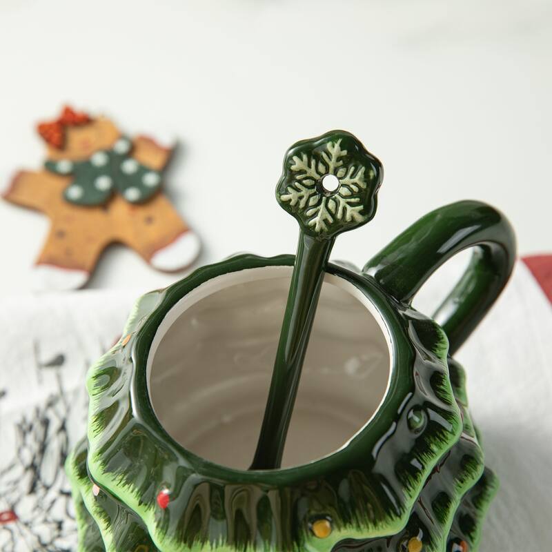 Glitzhome Christmas Dolomite Santa & Snowman or Tree Mug with Lid and Spoon