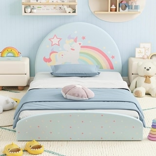 Toddler Twin Bed Wooden Floor Bed Frames w/ Headboard for Kids