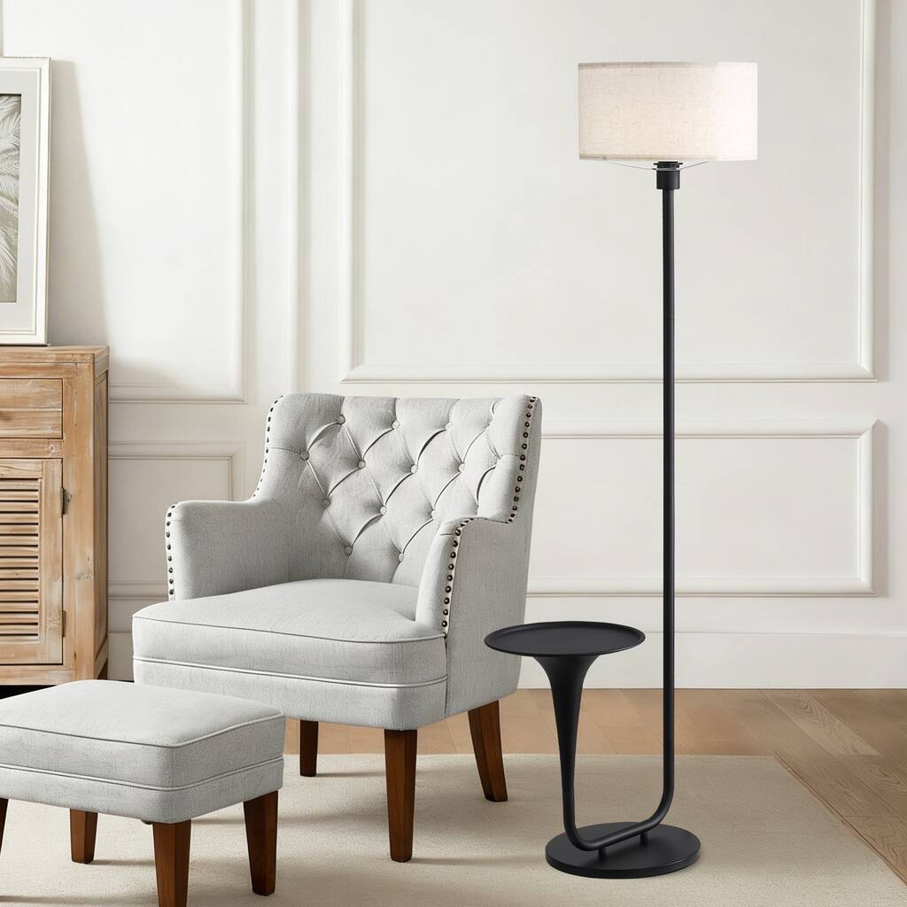 58 Inches Modern Bright Floor Lamp with Table and Beige Fabric Drum Shade - 58 Inches