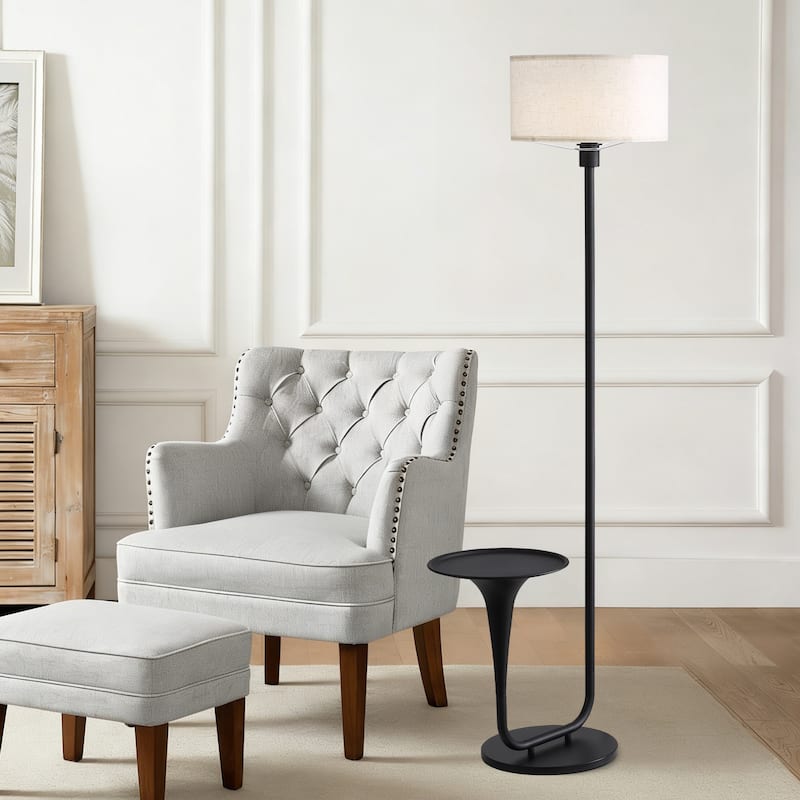 Anmytek Modern LED Floor Lamp with Integrated Side Table, Matte Black Metal Frame & Linen Drum Shade for Living Room