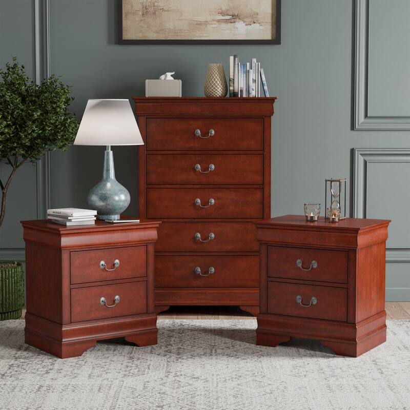 Furniture of America Devi Traditional 3-Piece Solid Wood Nightstand and Chest Set - Cherry