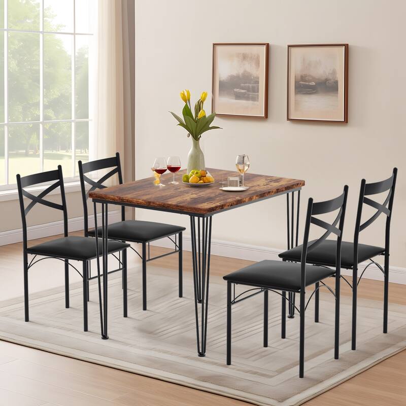 VECELO Modern 3/5-piece Dining Set Tempered Glass Top and Wood Top, Steel Dining Table and Chair Set of 2/4