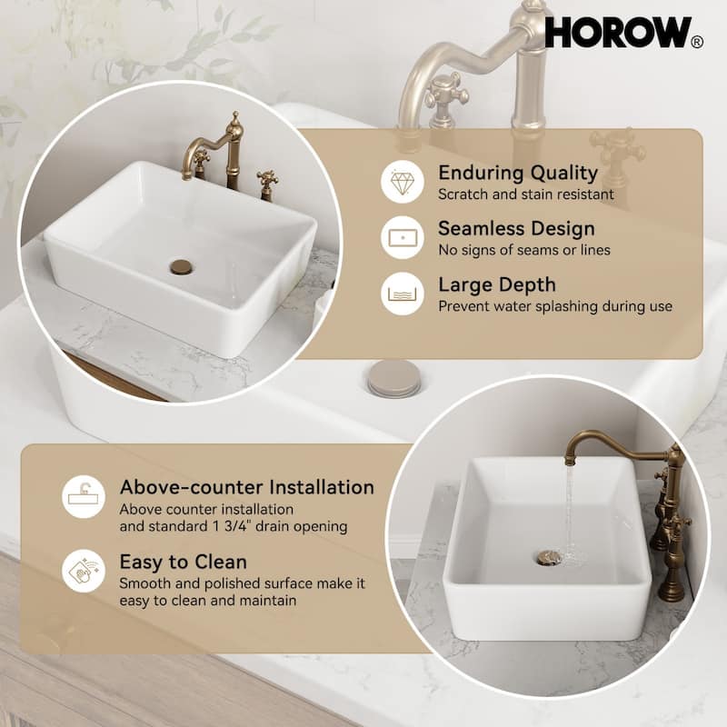 HOROW 19 inch Rectangular White Bathroom Ceramic Vessel Sink Art Basin