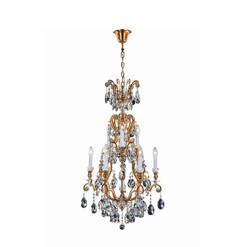 10-Light Antique Brass Metal Chandelier With Clear Crystal Accents
