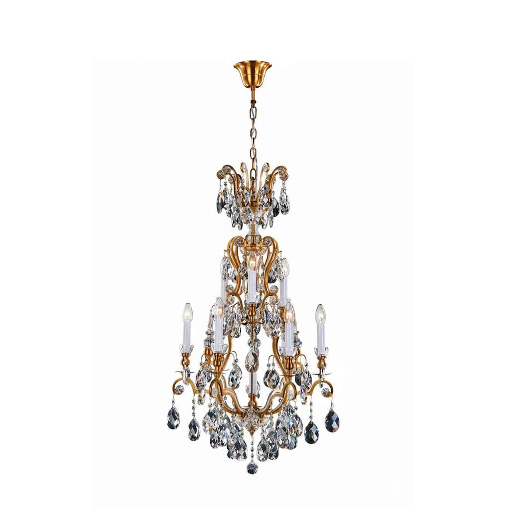 10-Light Antique Brass Metal Chandelier With Clear Crystal Accents