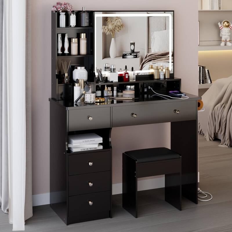 41" Large Size Left Drawer Desktop Vanity Table + Cushioned Stool Dresser Set, 2 AC+2 USB Power Station, Hair Dryer Stand