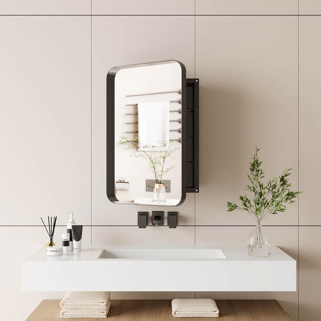 16x24 Inch Recessed Black Metal Framed Medicine Cabinet with Mirror and Adjustable Shelves Black Wall Mirror with Storage