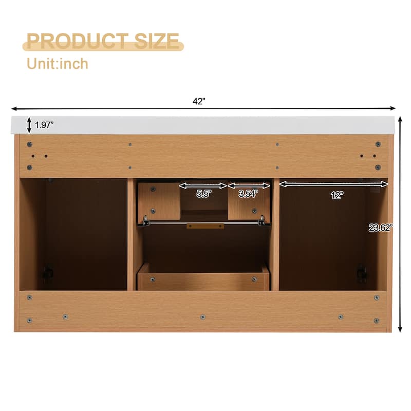 42" Modern Wall-Mounted Bathroom Vanity with SMC Top, Floating Storage Cabinet with Solid Wood Frame