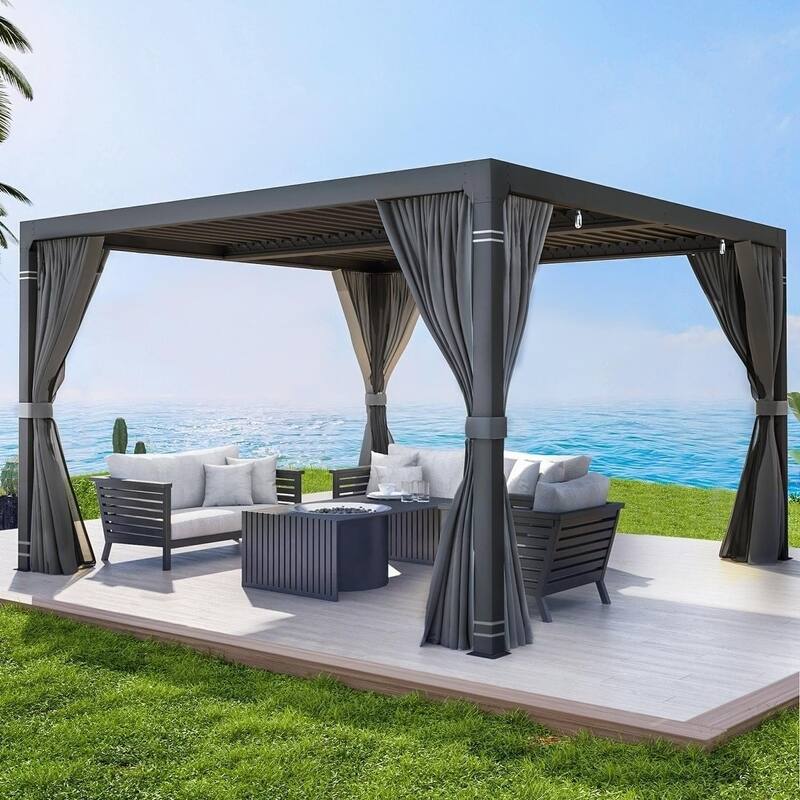 Outdoor Louvered Pergola, Outdoor Patio Hardtop Gazebo, Adjustable Metal Roof Curtains and Netting Included - 10' * 10' - Black