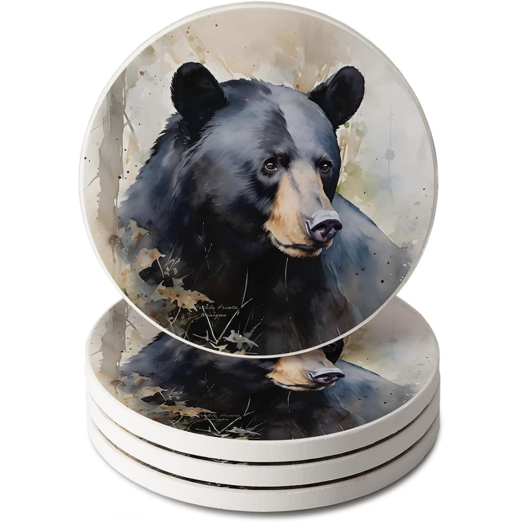 Wilderness Bear 4-Pack Round Absorbent Stone Coasters with Protective Cork Backing Manufactured in The USA