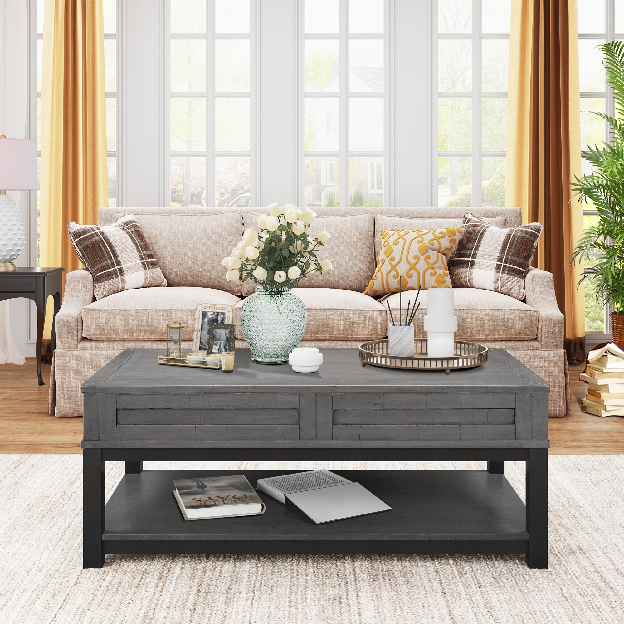 Living room Wooden Lift Top Coffee Table with Shelf On Sale