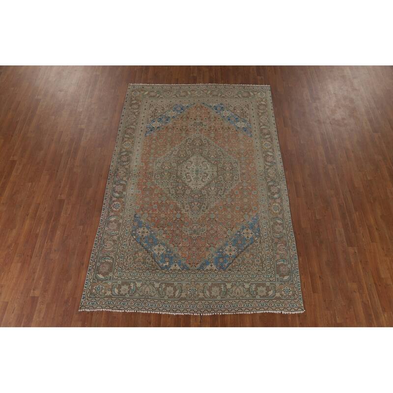 Geometric Tabriz Vintage Persian Rug Hand-Knotted Wool Carpet - 6'4" x 9'8"
