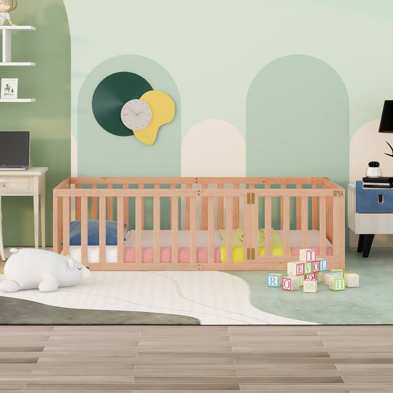 Versatile Wooden Floor Bed Frame without Slats, Solid Pinewood Kids Bed Frame with Fence and Door - Natural - Twin