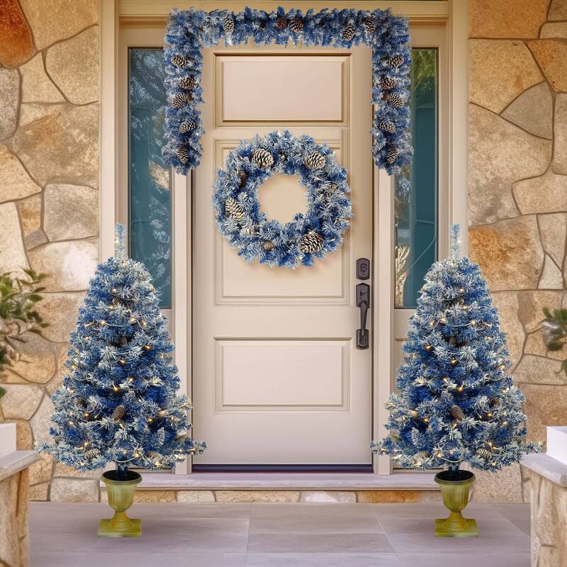 Pre-lit Xmas Tree Artificial Christmas 4-Piece Set in Blue - 9 Foot - Blue