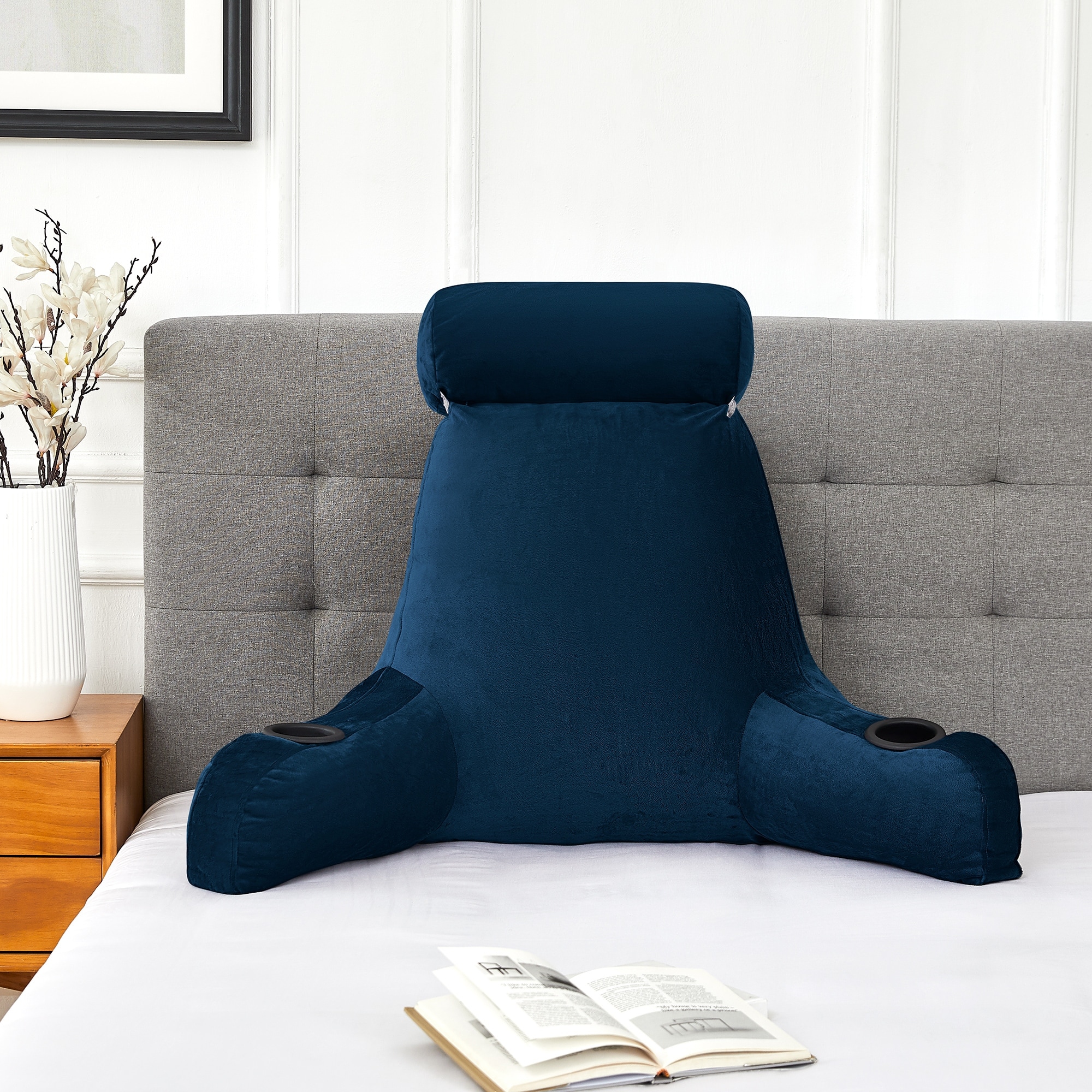 Sweet Home Collection Bed Rest Pillow w Cup Holders Navy
