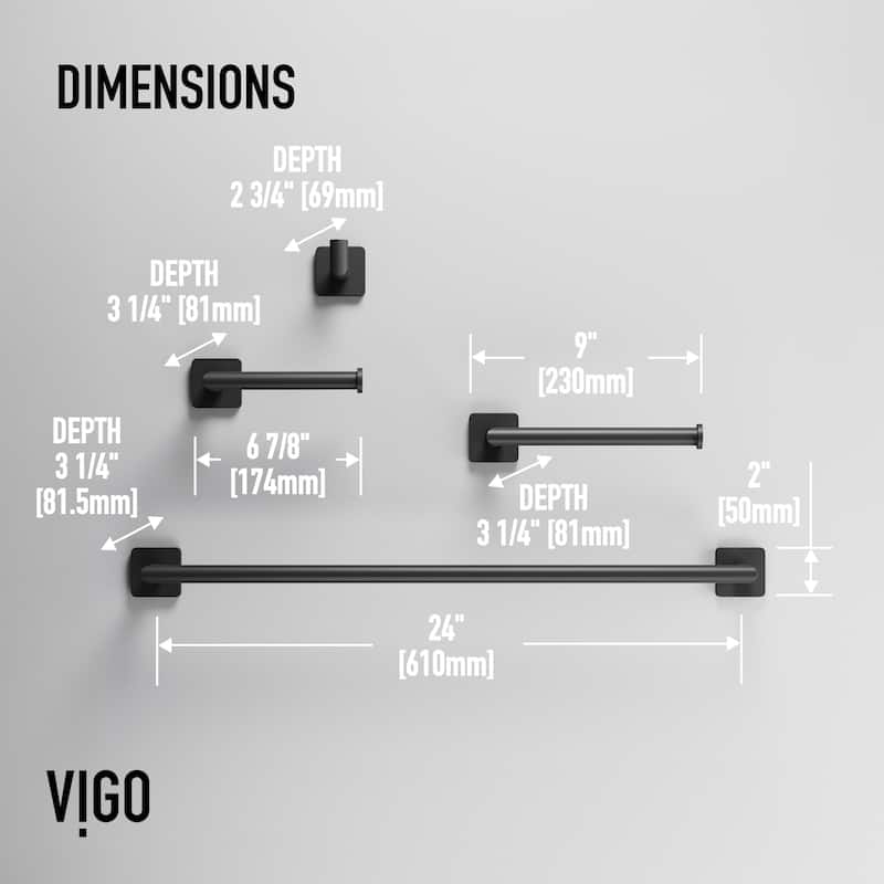 VIGO Satro 4-Piece Bathroom Hardware Accessory Set with 24 in. Towel Bar, Toilet Paper Holder, Hand Towel Holder, Hook