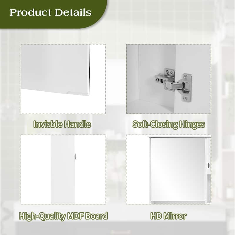 55" Wall-Mount 3-in-1 Mirror Cabinet with Adjustable Shelf, Soft-Closing Hinges, High-Quality MDF, for Bathroom Vanity